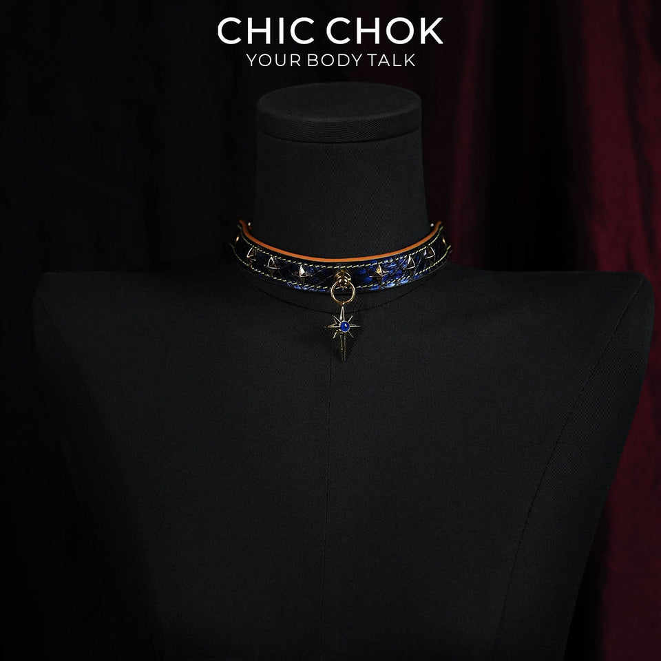 Breathless Tarot | Blue Snake Leather Choker | Gold Octagram Star Collar by CHICCHOK - Choker