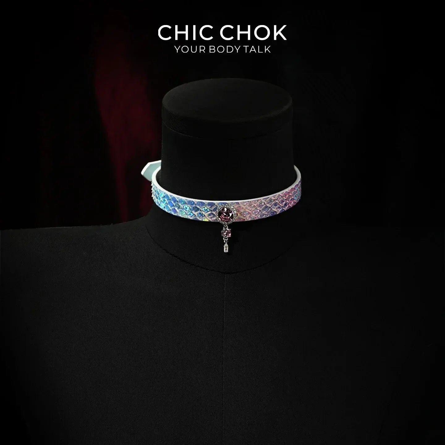 CHIC CHOK Rainbow Iridescent Snakeskin Necklace, Crystal Gemstone Pendant, Dazzling Python Skin Choker. - CHICCHOK - collar - Choker