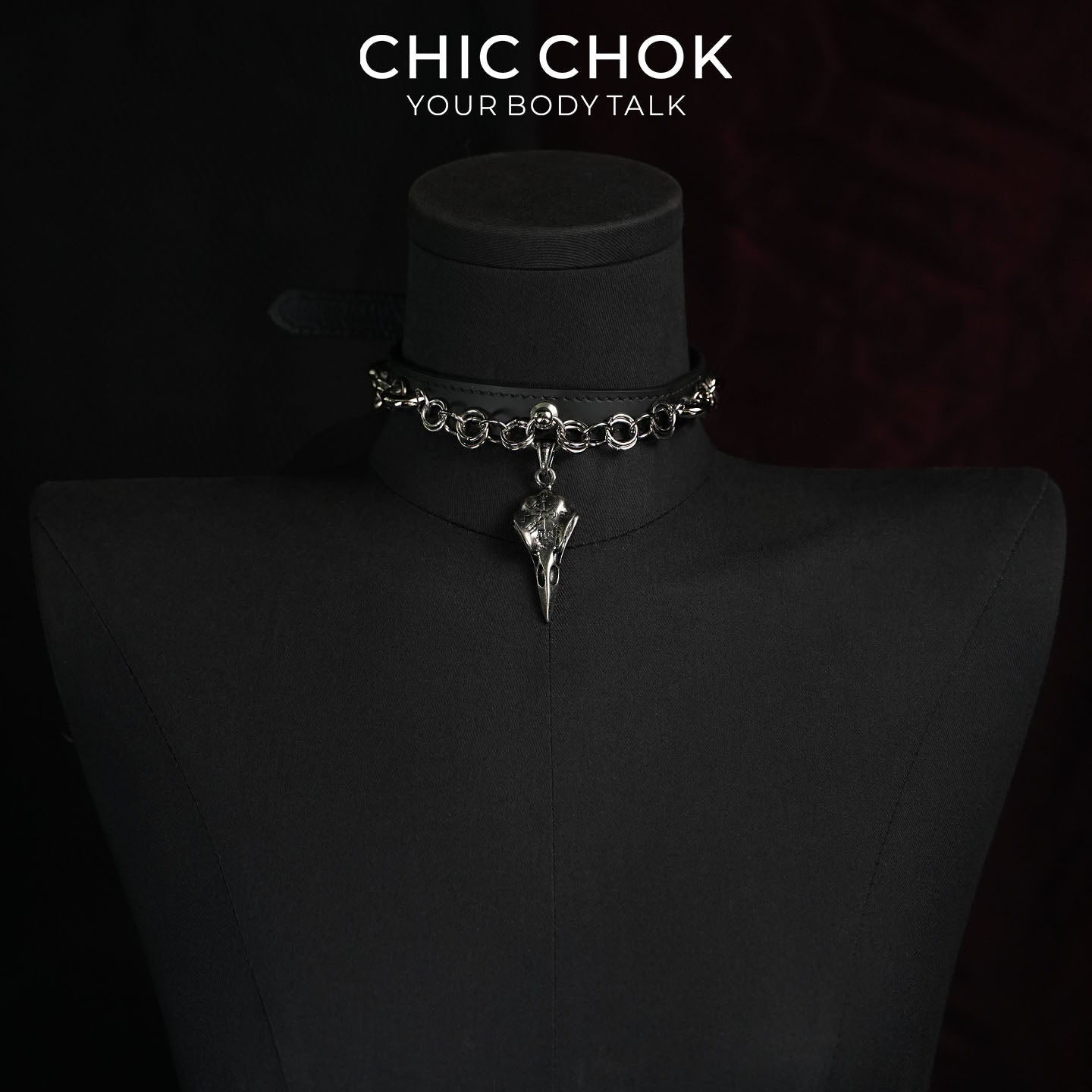 CHICCHOK Raven Messenger | Gothic-Style Raven Skull Collar | Matte Black Leather Collar