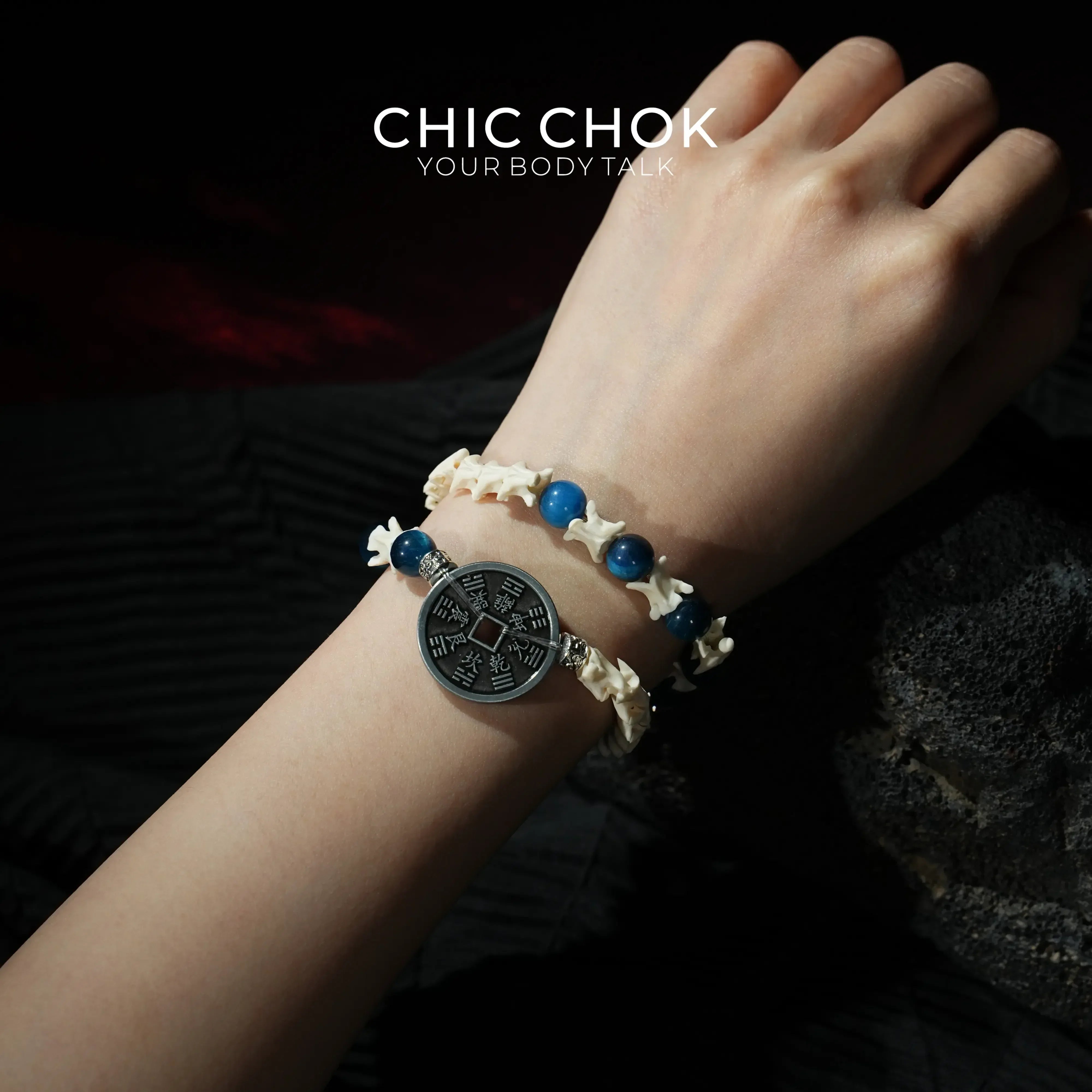 Obsidian Copper Coin Snake Bone Beaded Bracelet - CHICCHOK -