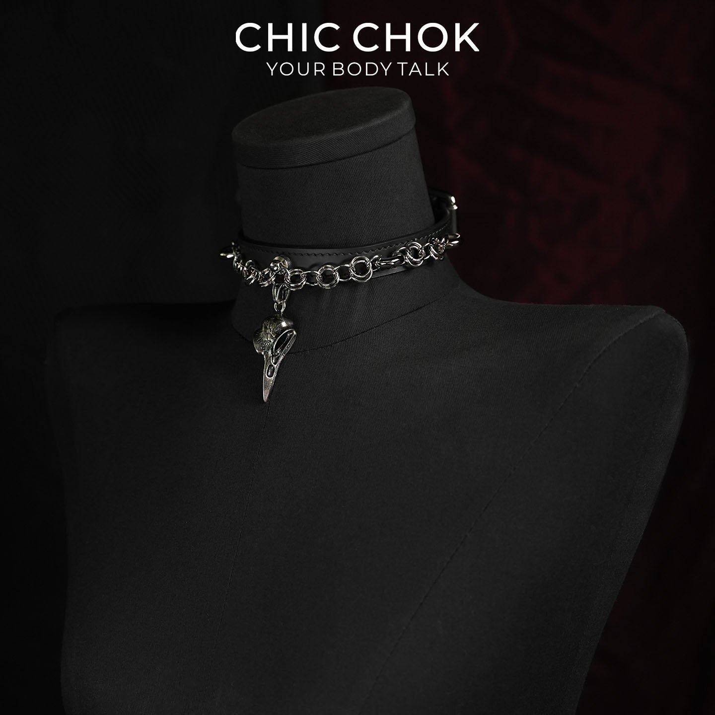 CHICCHOK Raven Messenger | Gothic-Style Raven Skull Collar | Matte Black Leather Collar