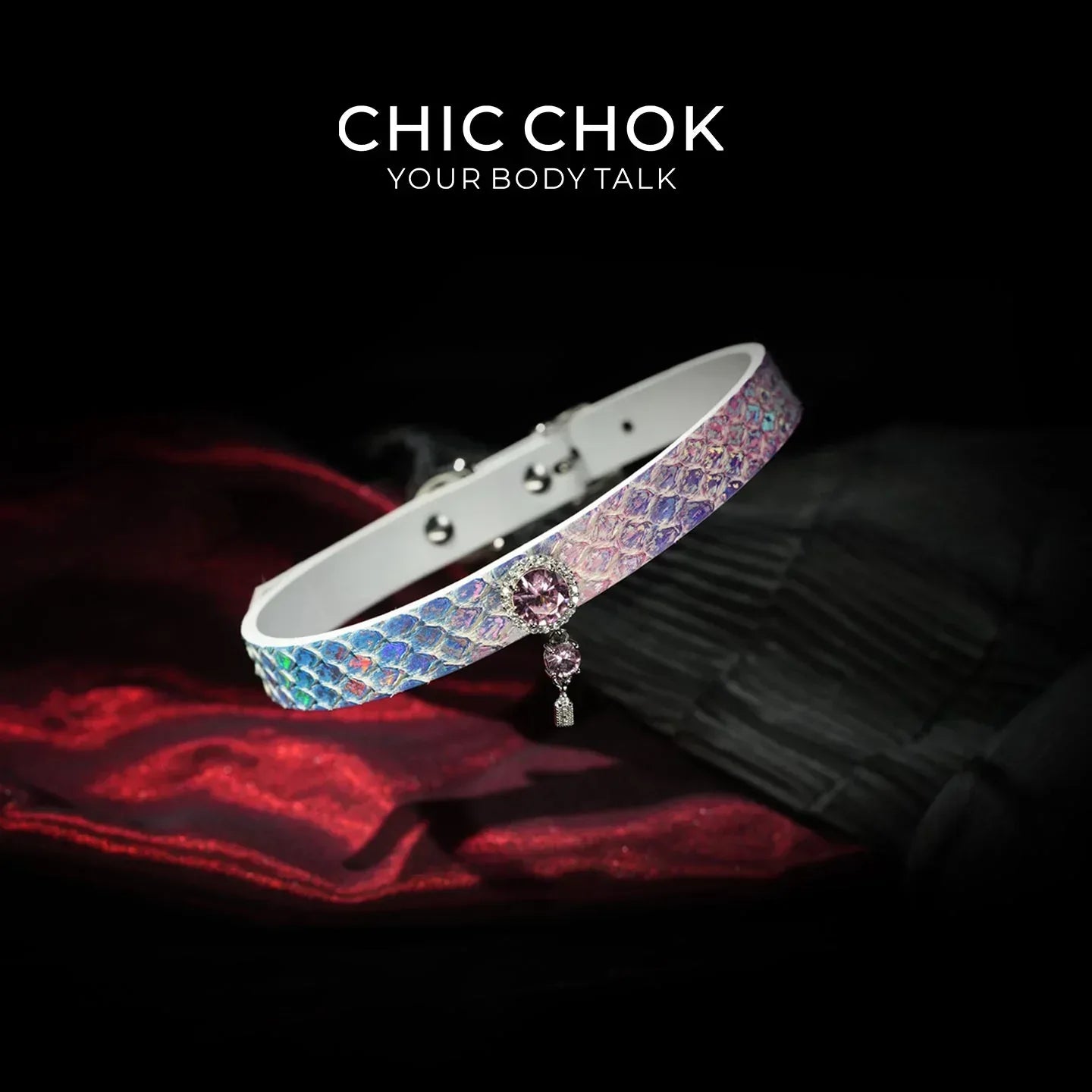 CHIC CHOK Rainbow Iridescent Snakeskin Necklace, Crystal Gemstone Pendant, Dazzling Python Skin Choker. - CHICCHOK - collar - Choker