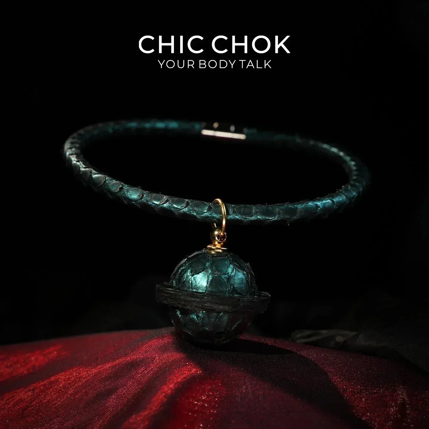 CHIC CHOK The Orchid’s Gaze Teal Snake-Texture Collar with Silent Bell Pendant - CHICCHOK - Choker, collar - Choker