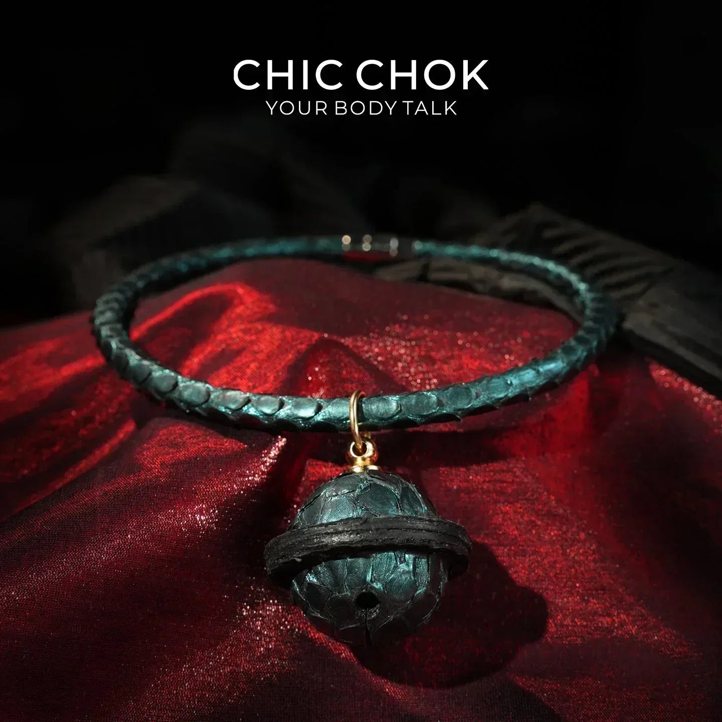 CHIC CHOK The Orchid’s Gaze Teal Snake-Texture Collar with Silent Bell Pendant - CHICCHOK - Choker, collar - Choker