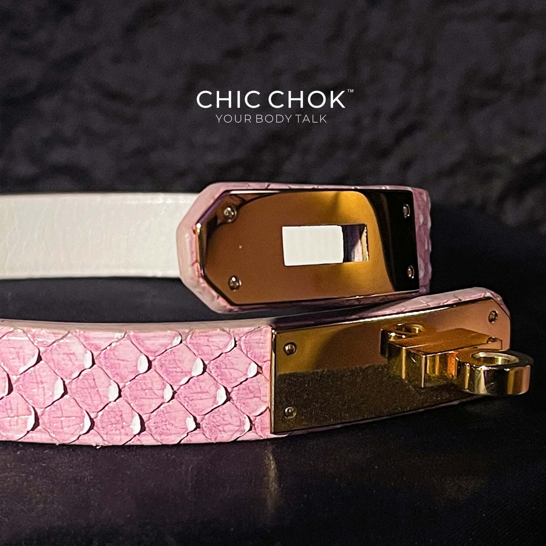 chicchok collar, pink, white, python leather, handmade, gold metal buckle