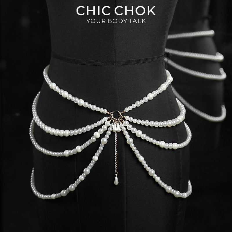 Parisian Nocturne waist chain on a black dress form, with descending bead strands and a central drop