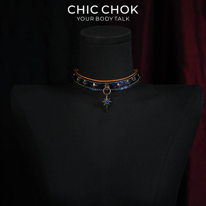 Breathless Tarot | Blue Snake Leather Choker | Gold Octagram Star Collar by CHICCHOK - Choker