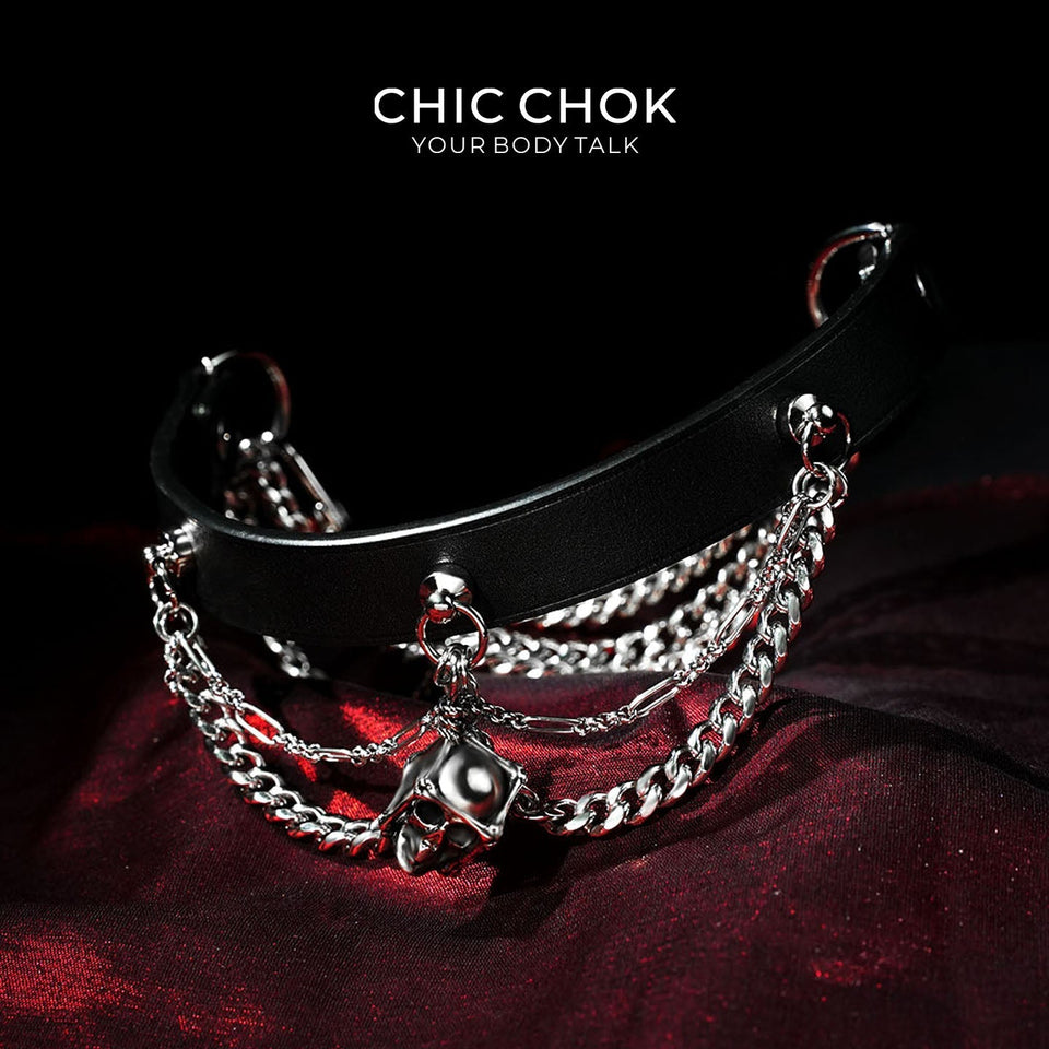 [Rebel in Chains] Gothic Choker Necklace, Black Genuine Leather with Layered Zinc Alloy Chains, Skull Cage Pendant, Punk Style, choker by CHICCHOK - Choker