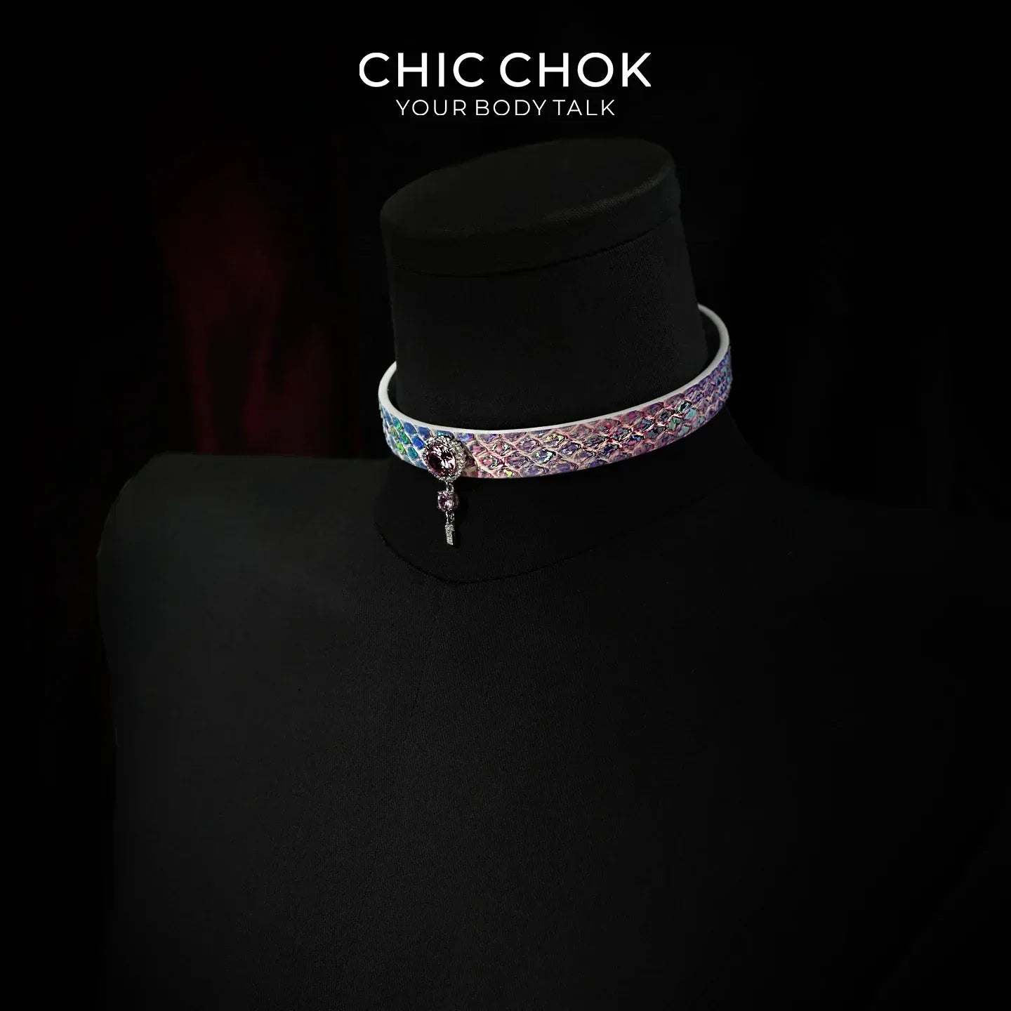 CHIC CHOK Rainbow Iridescent Snakeskin Necklace, Crystal Gemstone Pendant, Dazzling Python Skin Choker. - CHICCHOK - collar - Choker