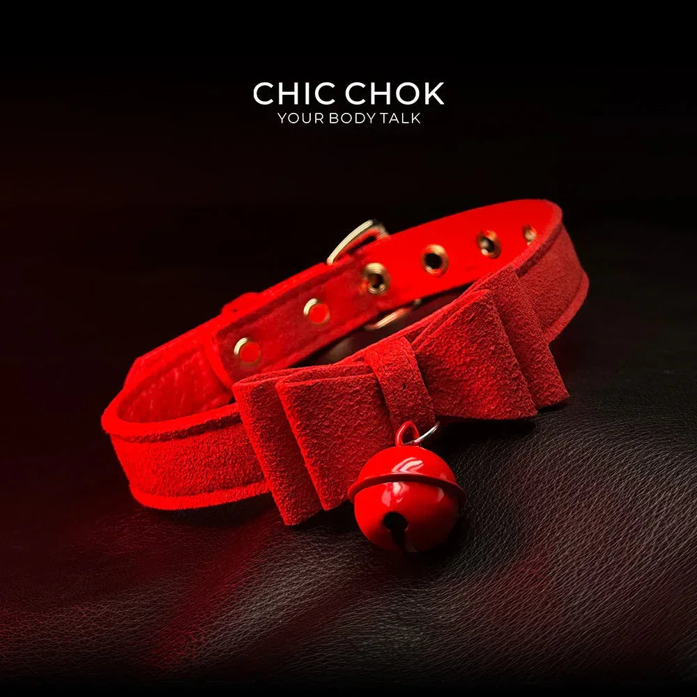 CHICCHOK[ Miss Belle ] Fashion Cute and Lovely Style, Bow Tie with Bell Daily Wear Leather Necklace Choker slipchaincollarwomen Bow Pendant Necklace bow pendant necklace - CHICCHOK - Choker
