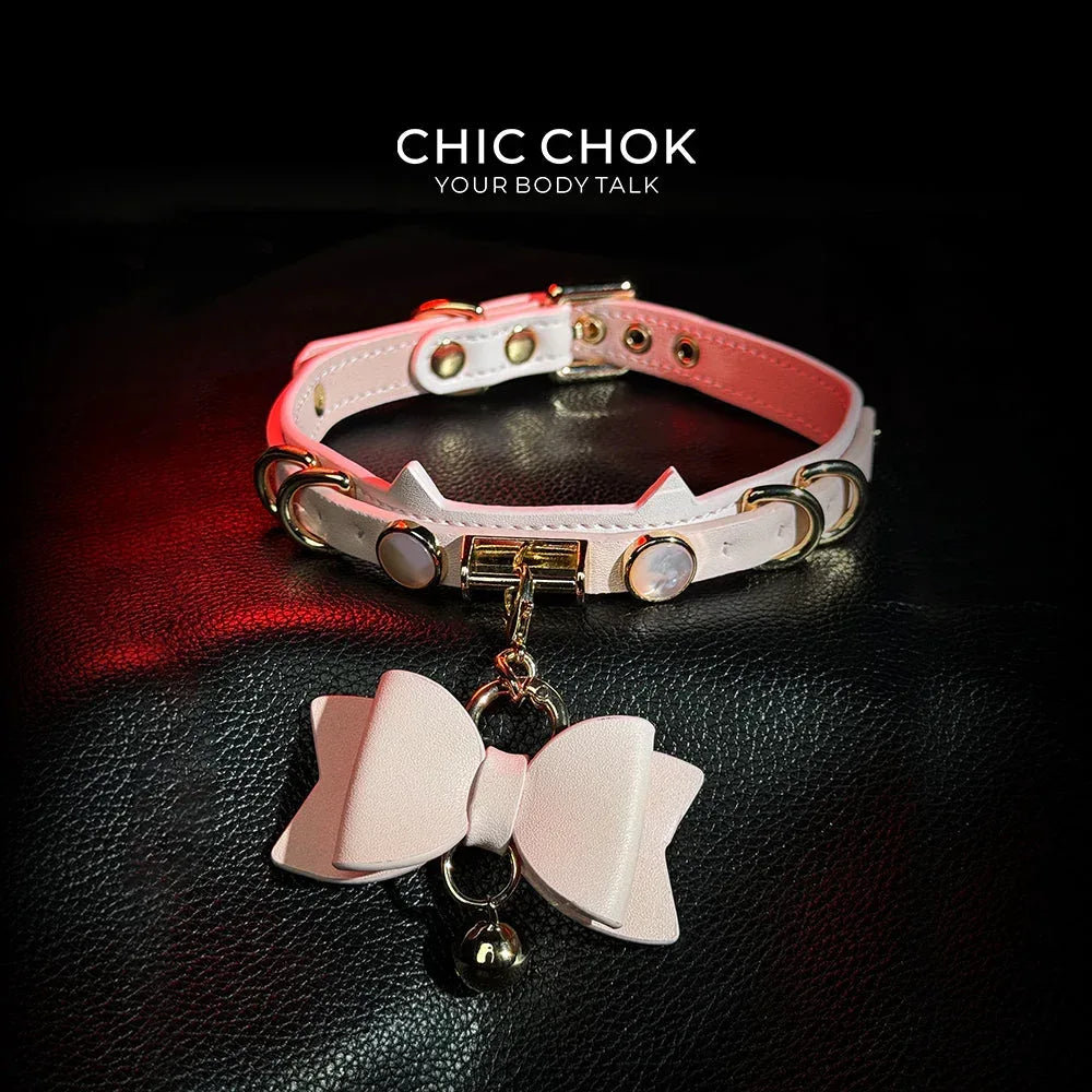 CHIC CHOK [Pearlescent kitty] Moon's Favor Pink Pearl Bow Necklace - CHICCHOK - Choker, collar - Choker