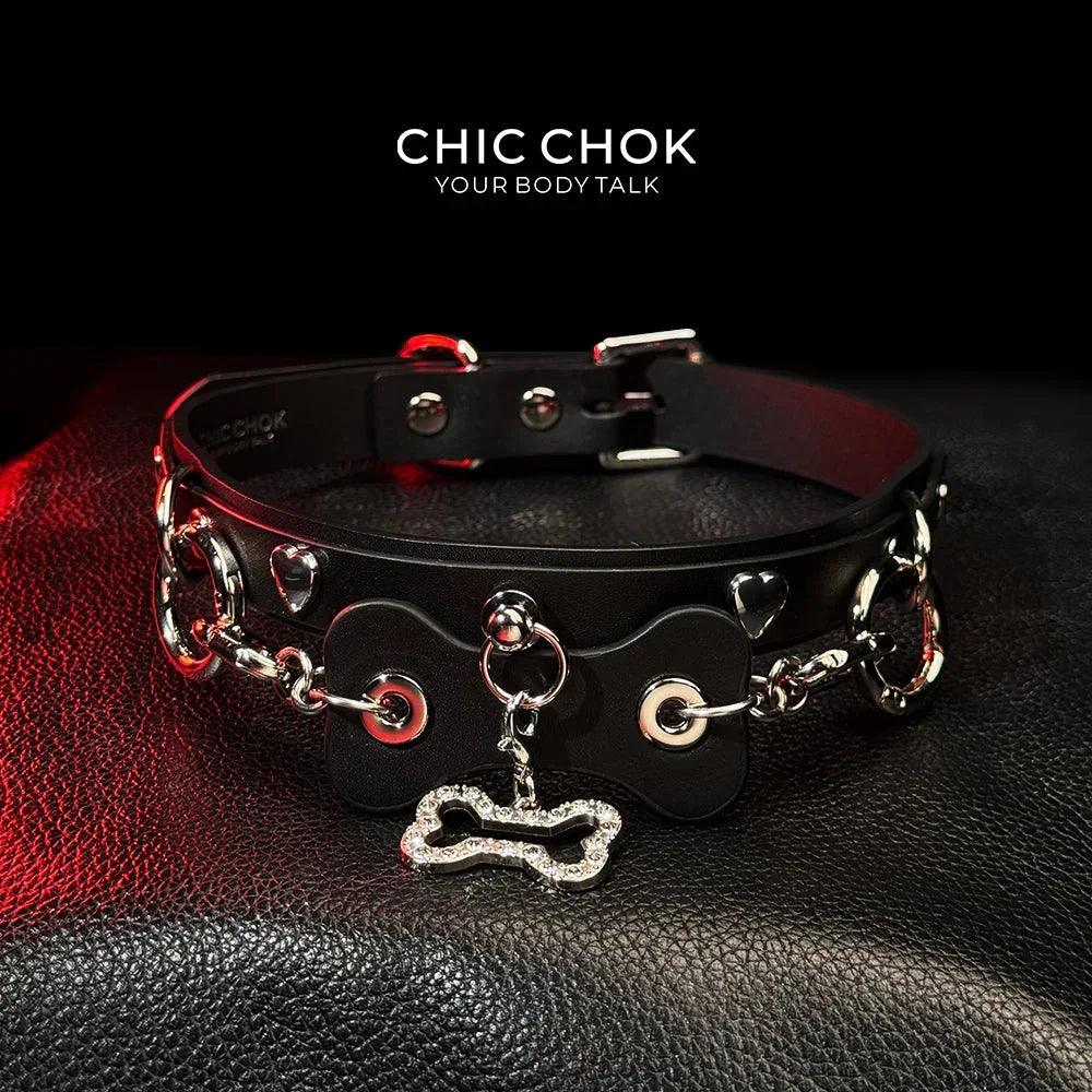 CHICCHOK [Puppy Love] Fashion Cute and Lovely Style, Shiny Bone Shape Pendant Daily Wear Leather Necklace Choker slipchaincollarwomen - CHICCHOK - Choker