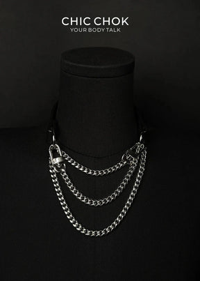 CHICCHOK [Breathless] Fashion Black with Thick Chains, Movable Pulling Chain Daily Wear Leather Necklace Choker versatile wear(Removable chain) - CHICCHOK - Choker, collar - Choker