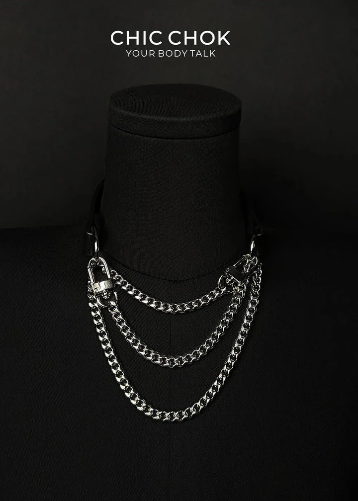 CHICCHOK [Breathless] Fashion Black with Thick Chains, Movable Pulling Chain Daily Wear Leather Necklace Choker versatile wear(Removable chain) - CHICCHOK - Choker, collar - Choker
