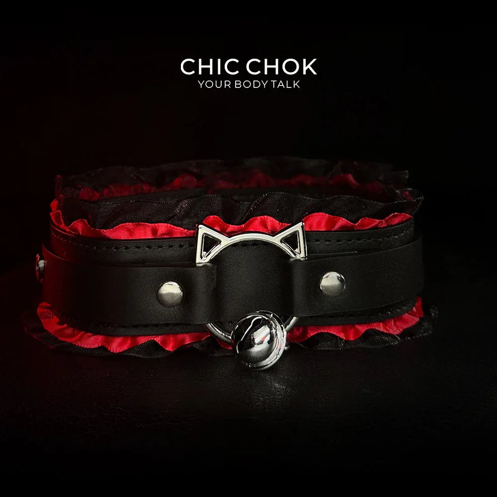 CHICCHOK [Kitty Love] Kitty Themed Cute Lovely Leather Lace with Bell Adjustable Choker - CHICCHOK - Choker