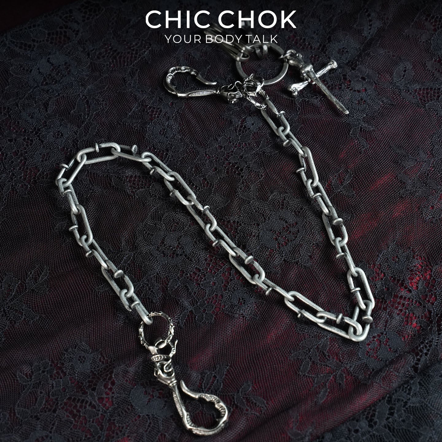 CHICCHOK Barren Bone Hook Heavy Pant Chain | Gothic Skull Cross Wallet Chain | Industrial Punk Wasteland Techwear Jewelry
