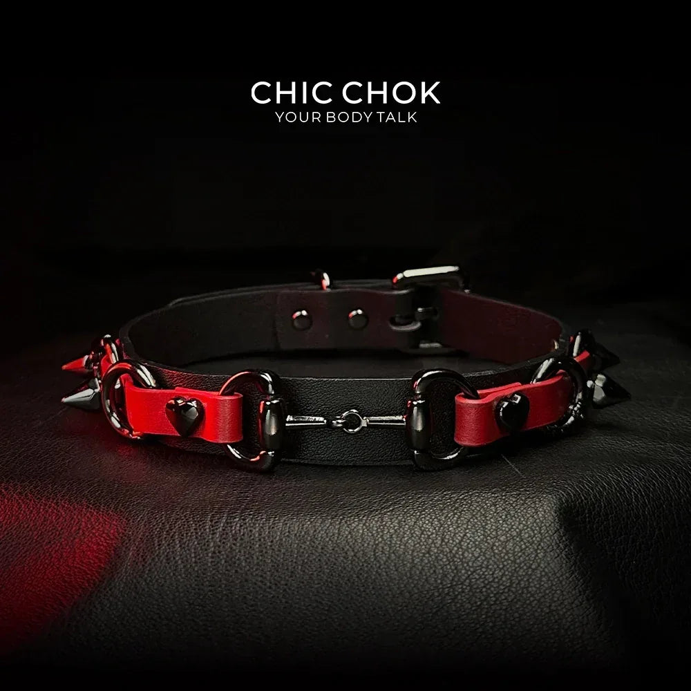 CHICCHOK [Mysterious Queen] Red&Black Spikes Stylish Leather Choker - CHICCHOK - Choker