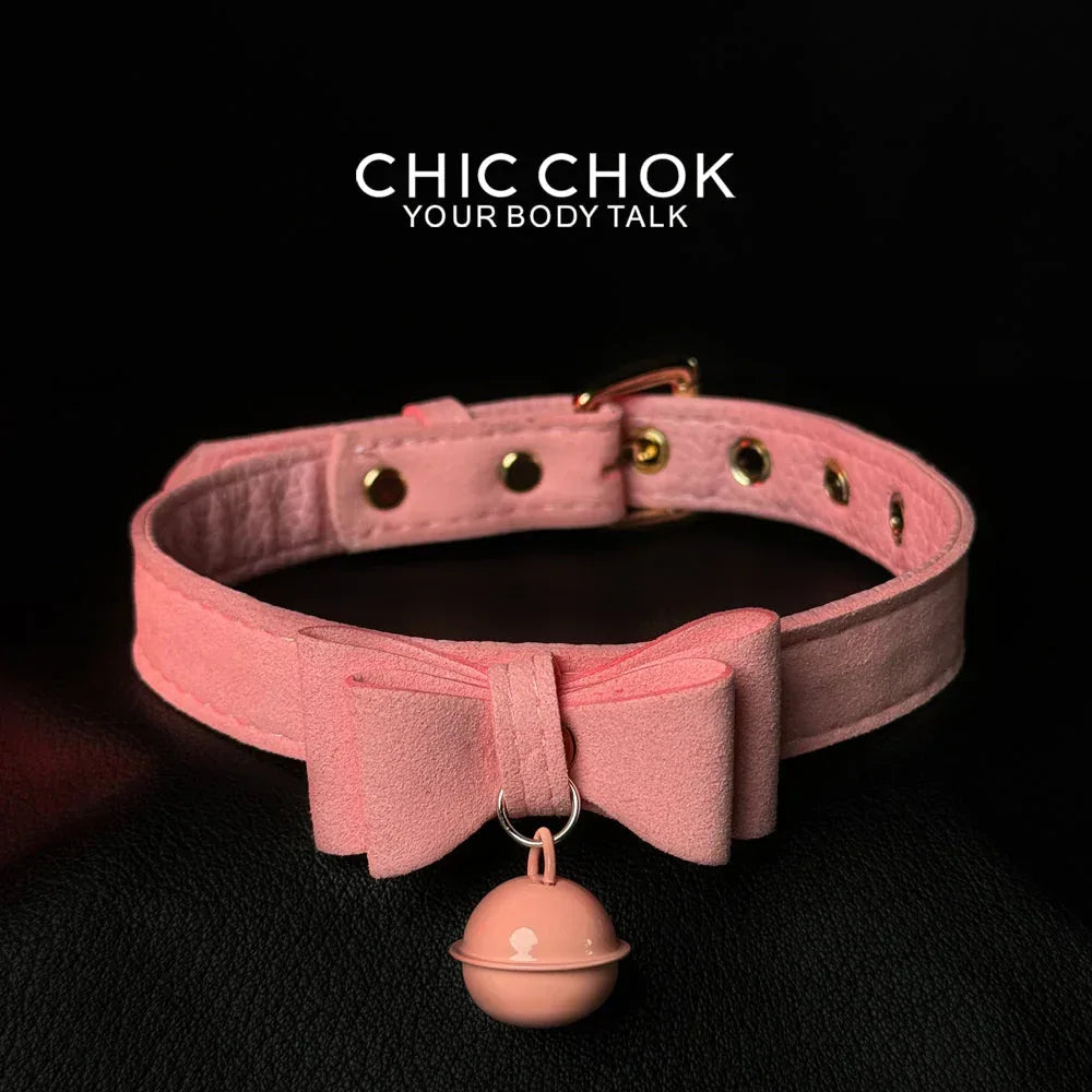 CHICCHOK[ Miss Belle ] Fashion Cute and Lovely Style, Bow Tie with Bell Daily Wear Leather Necklace Choker slipchaincollarwomen Bow Pendant Necklace bow pendant necklace - CHICCHOK - Choker