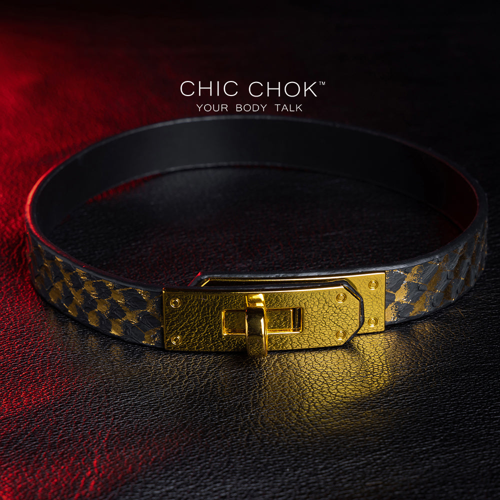 chicchok - handmade black, gold non-adjustable collar, soft leather material, comfortable to wear
