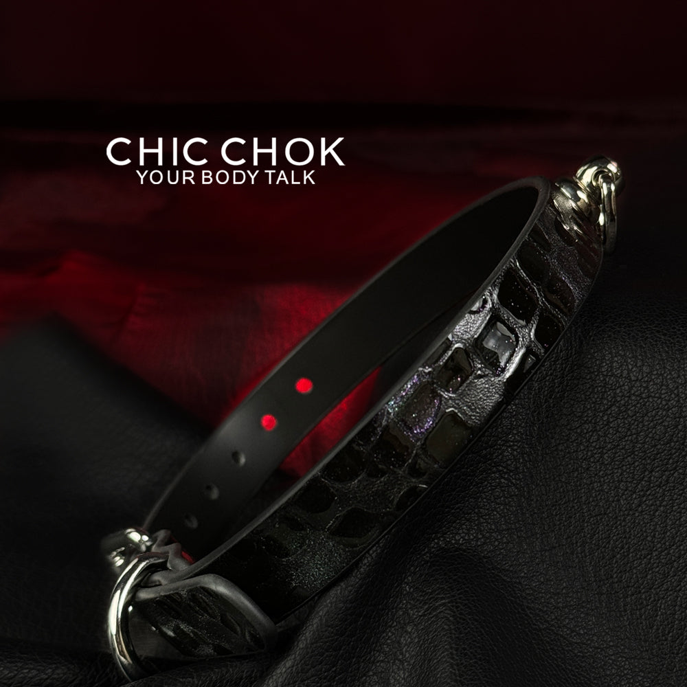chicchok choker Alligator leather black purple glitter collar, handmade genuine leather collar