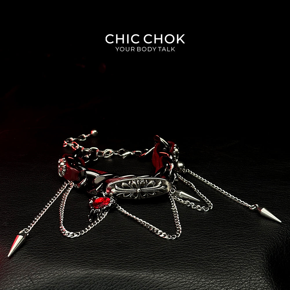CHICCHOK [Goth Flower Bracelet], made of leather material, Gothic flower, bright red heart-shaped gemstone, Gothic style