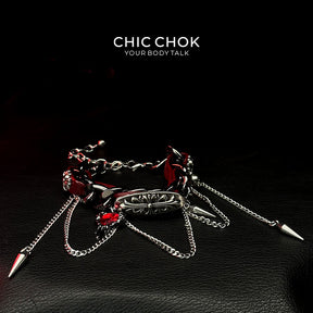 CHICCHOK [Goth Flower Bracelet], made of leather material, Gothic flower, bright red heart-shaped gemstone, Gothic style