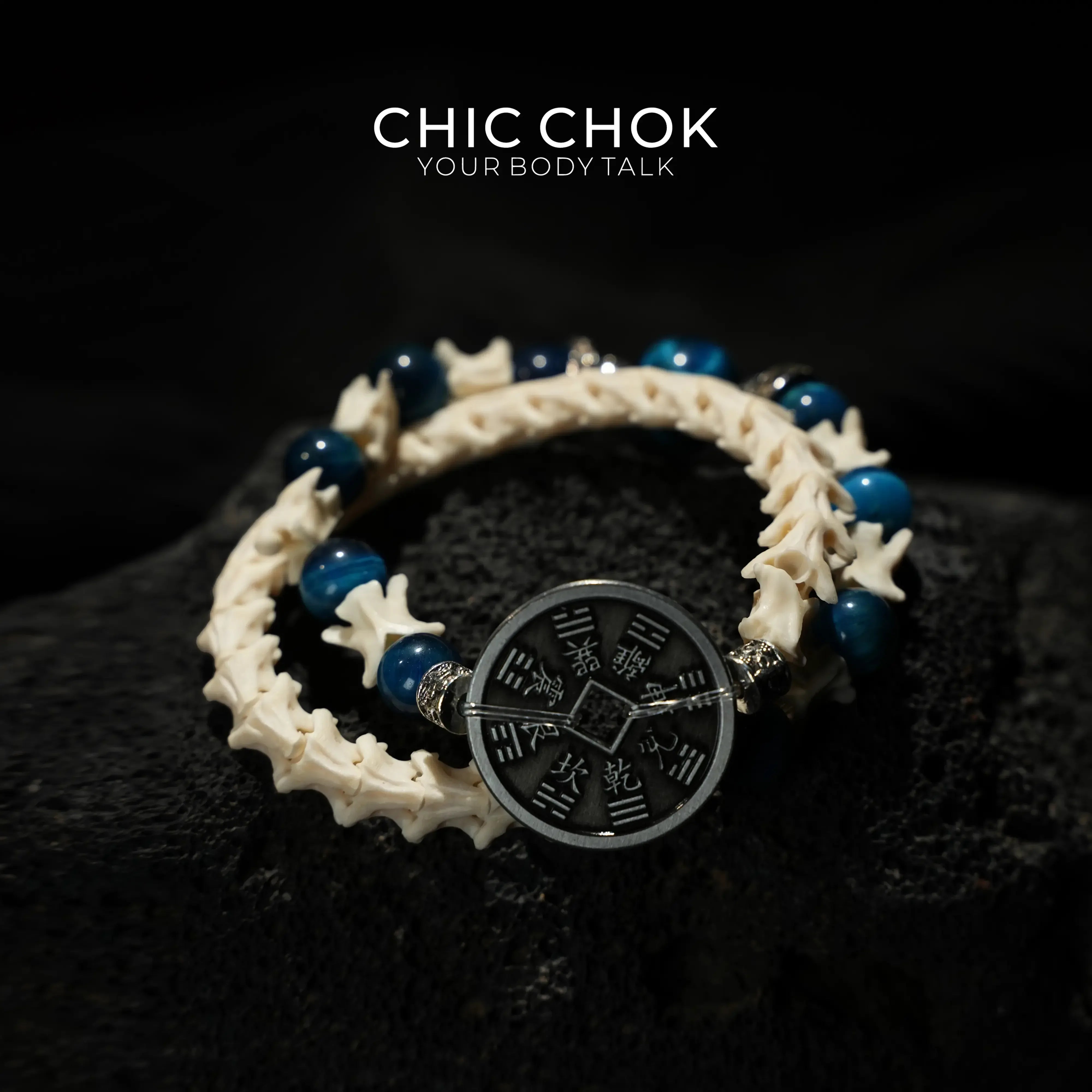 Obsidian Copper Coin Snake Bone Beaded Bracelet - CHICCHOK - 