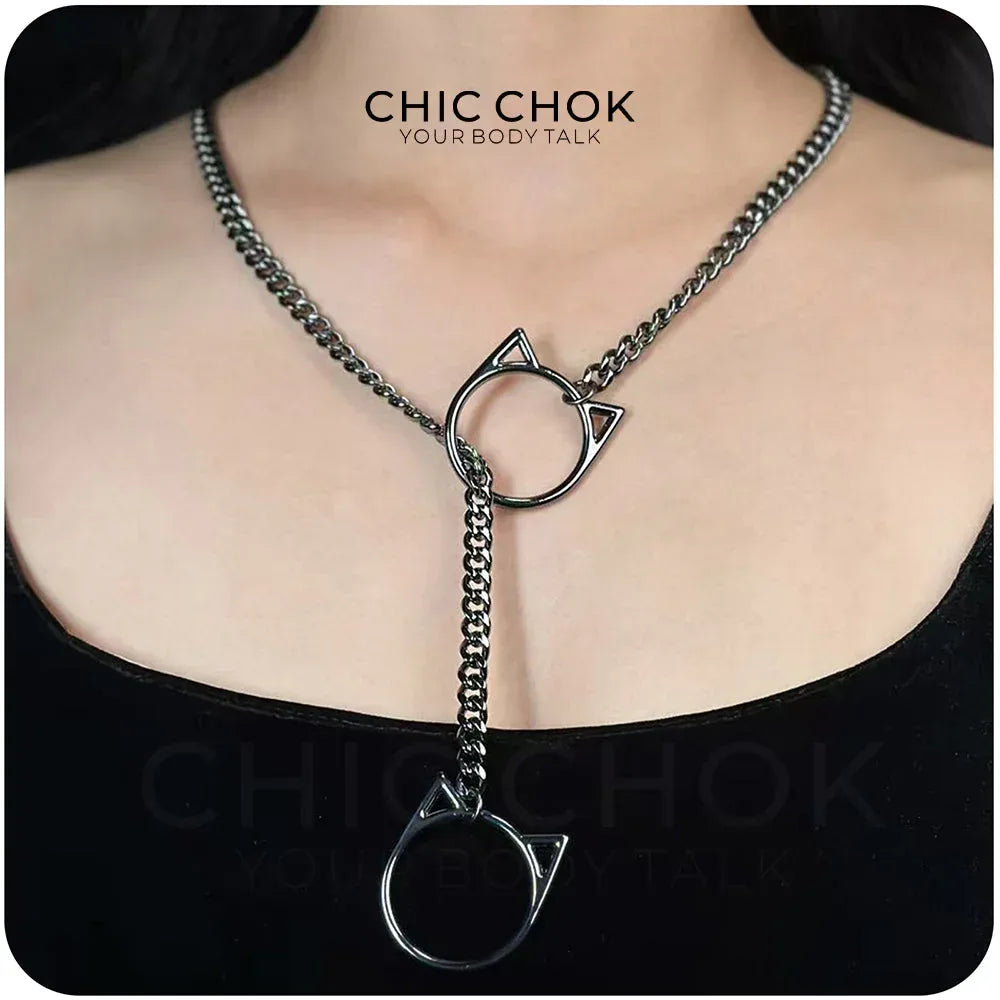 CHICCHOK O-Ring Slip-On Choker Necklace for Women – Handmade Adjustable Lariat Y-Necklace, Cuban Chain Style - CHICCHOK - Choker