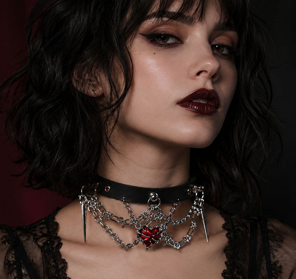 CHICCHOK Bloodbound Stigmata Leather Choker | Gothic Translucent Red Heart Collar | Heavy Punk Cyber Techwear Fringe Jewelry