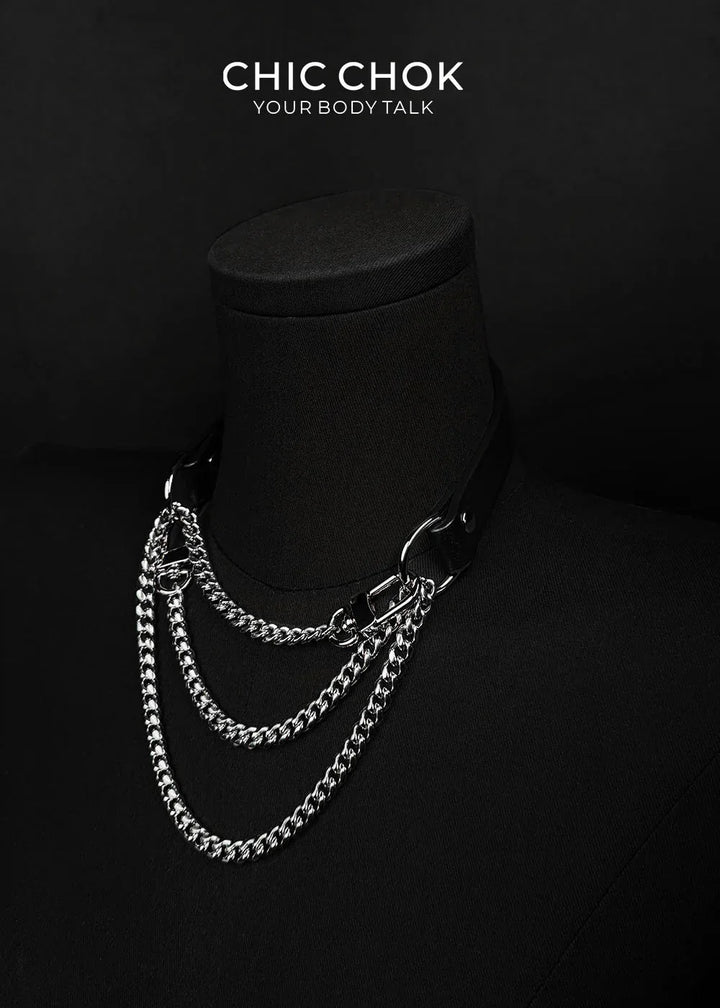 CHICCHOK [Breathless] Fashion Black with Thick Chains, Movable Pulling Chain Daily Wear Leather Necklace Choker versatile wear(Removable chain) - CHICCHOK - Choker, collar - Choker