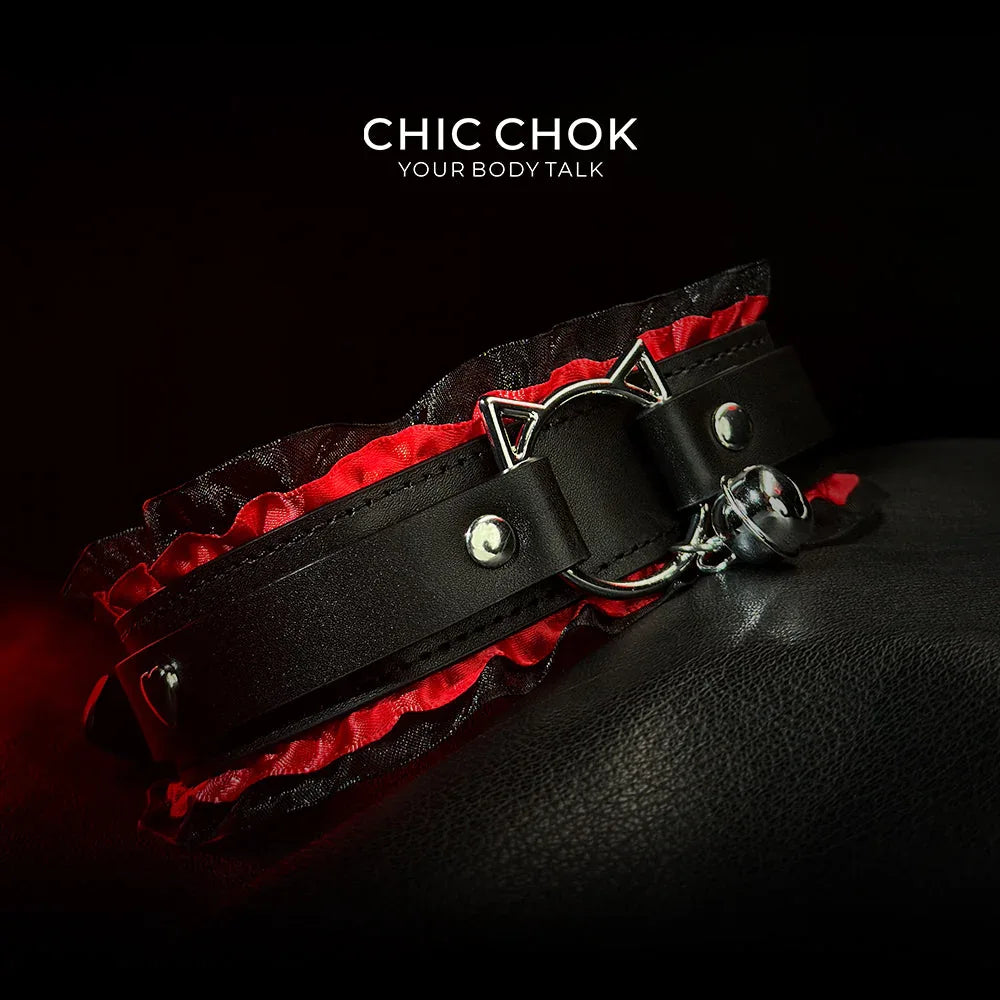 CHICCHOK [Kitty Love] Kitty Themed Cute Lovely Leather Lace with Bell Adjustable Choker - CHICCHOK - Choker