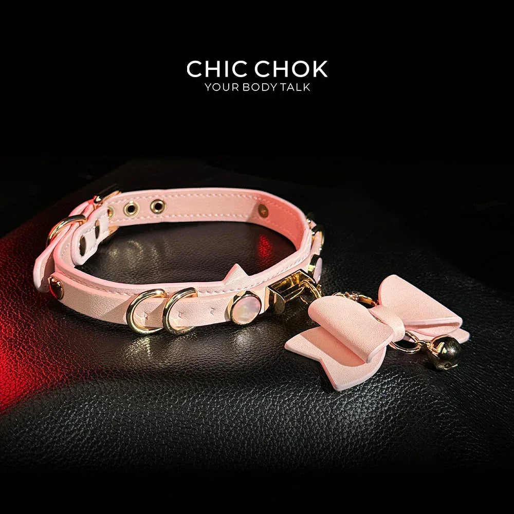 CHIC CHOK [Pearlescent kitty] Moon's Favor Pink Pearl Bow Necklace - CHICCHOK - Choker, collar - Choker