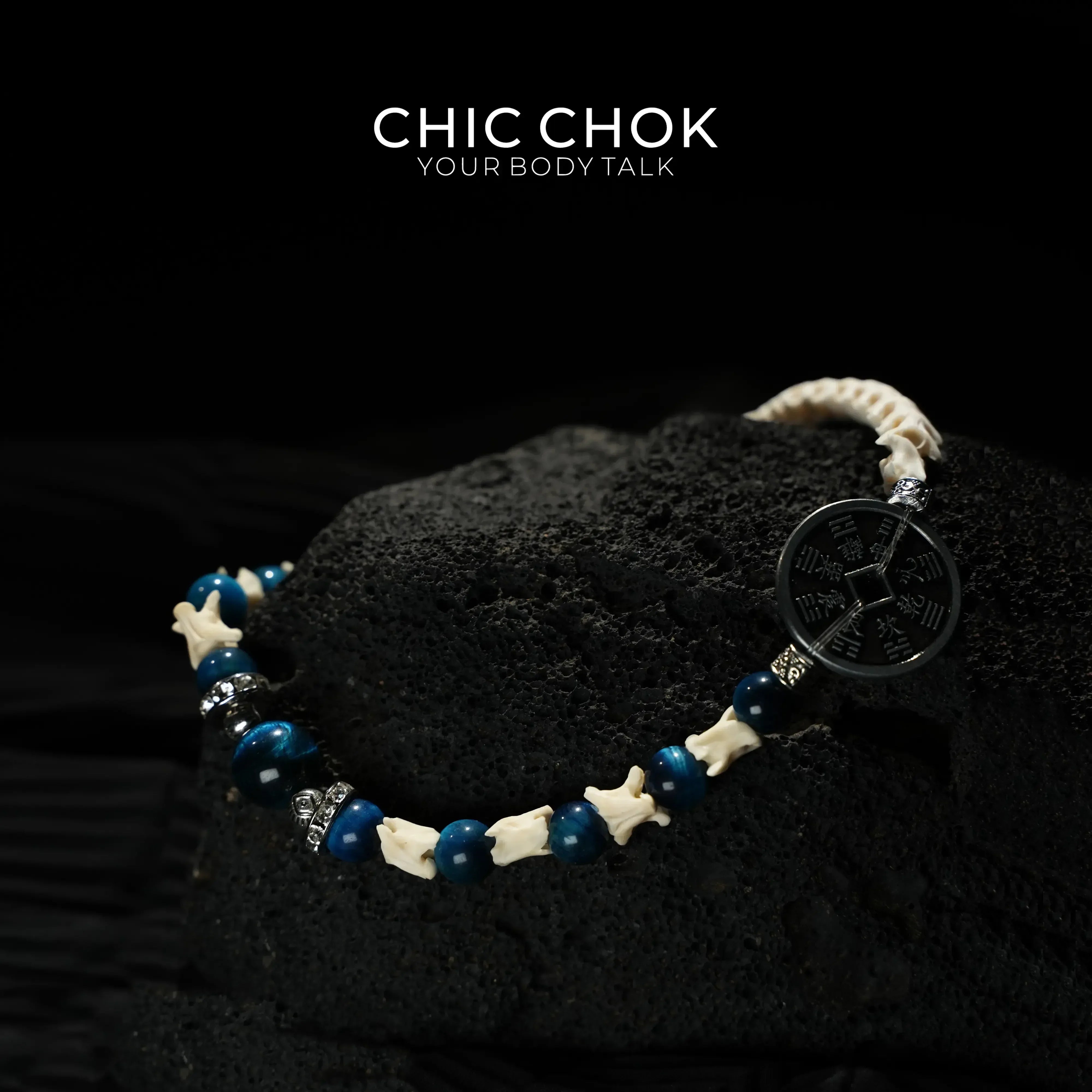 Obsidian Copper Coin Snake Bone Beaded Bracelet - CHICCHOK - - Bracelet