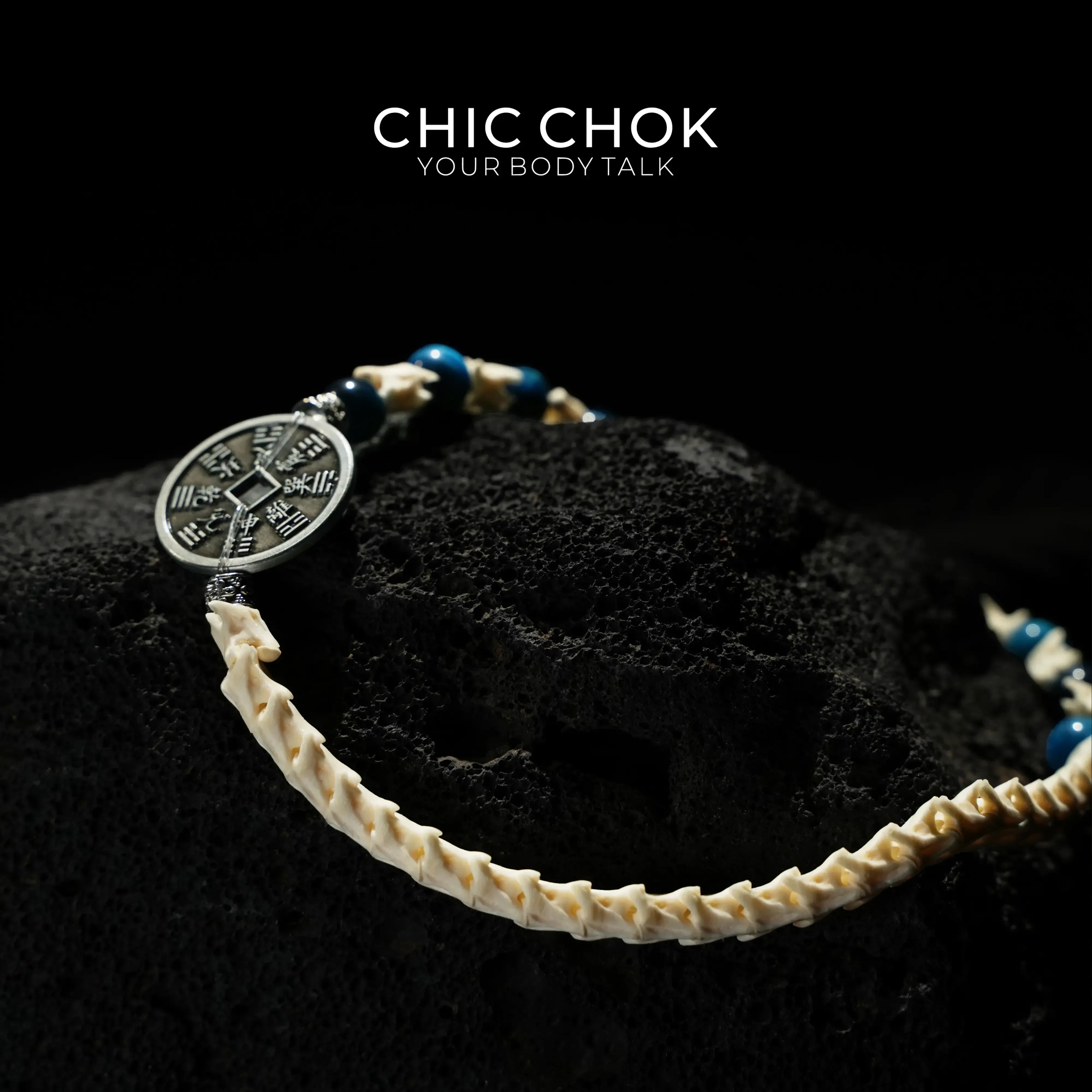 Obsidian Copper Coin Snake Bone Beaded Bracelet - CHICCHOK - 
