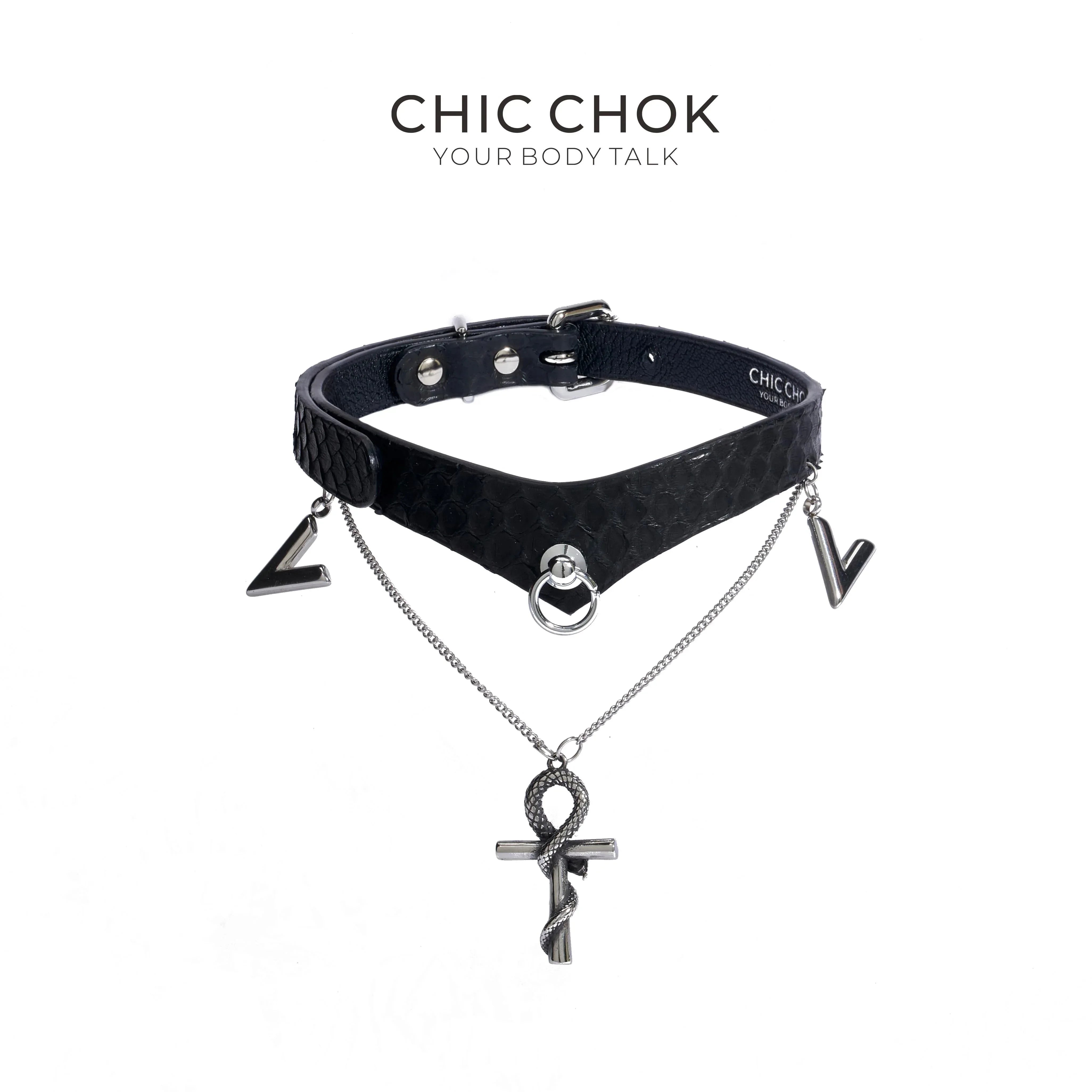 CHICCHOK [Victorian Queen High-end Choker] V-Neck Design, Python Texture, Original Fashion Adjustable Leather Choker Necklace - CHICCHOK - 