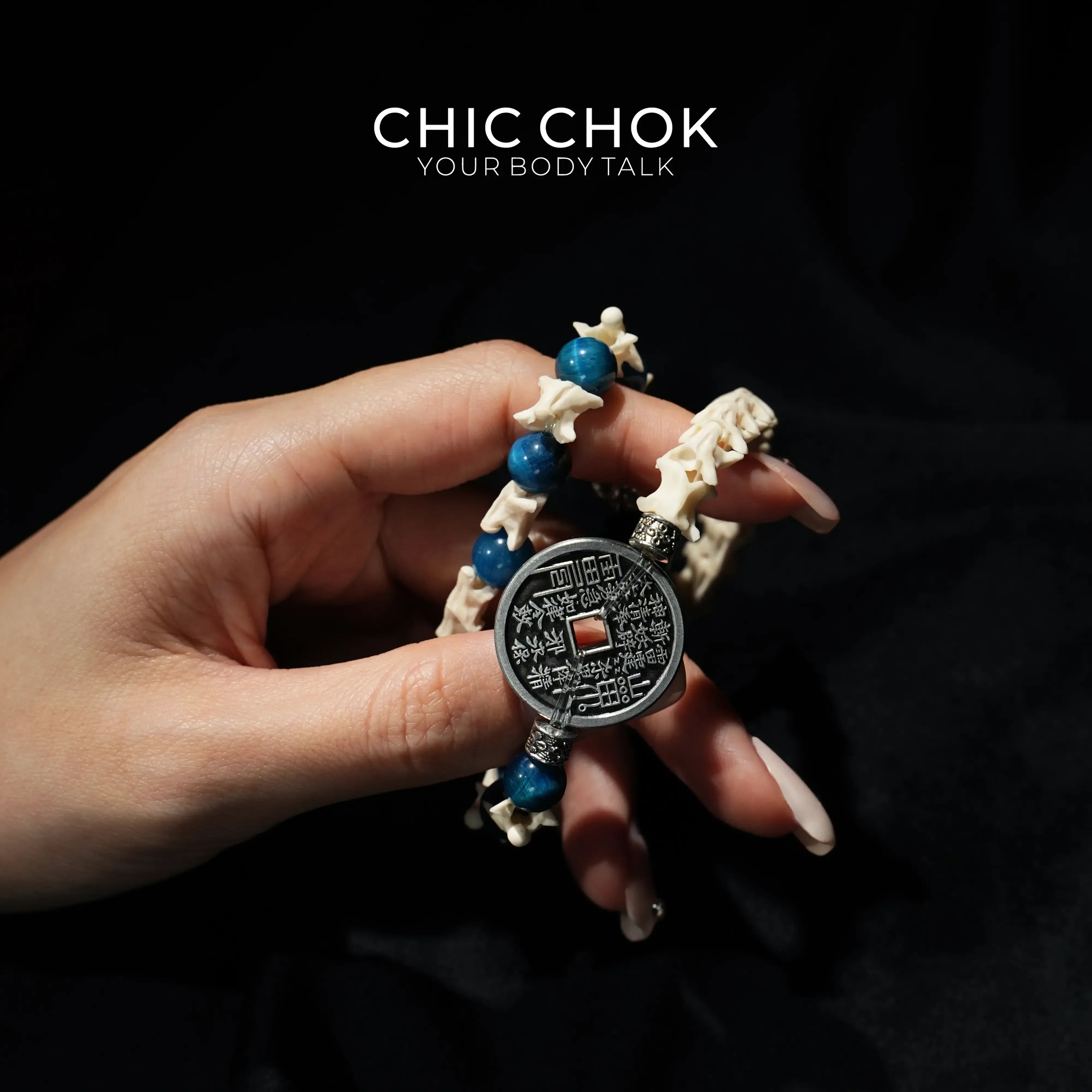 Obsidian Copper Coin Snake Bone Beaded Bracelet - CHICCHOK - - Bracelet