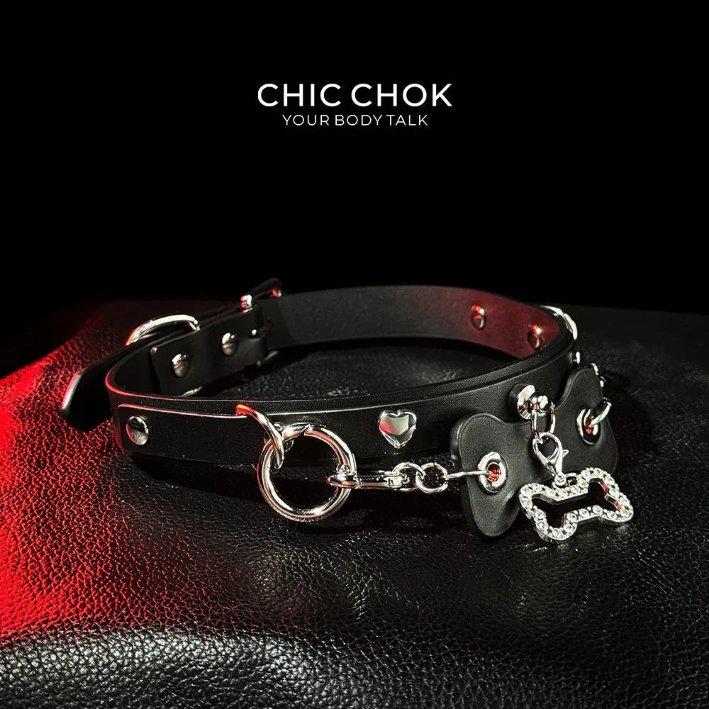 CHICCHOK [Puppy Love] Fashion Cute and Lovely Style, Shiny Bone Shape Pendant Daily Wear Leather Necklace Choker slipchaincollarwomen - CHICCHOK - Choker