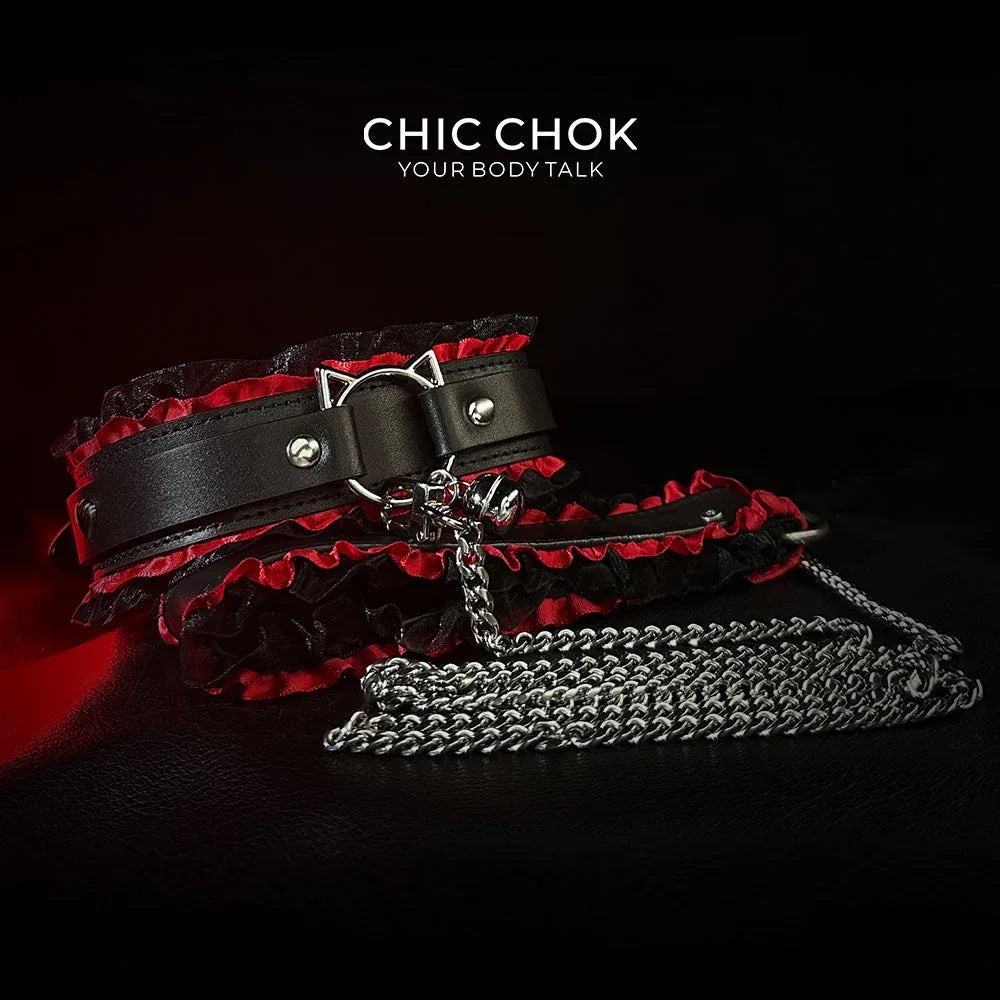 CHICCHOK [Kitty Love] Kitty Themed Cute Lovely Leather Lace with Bell Adjustable Choker - CHICCHOK - Choker