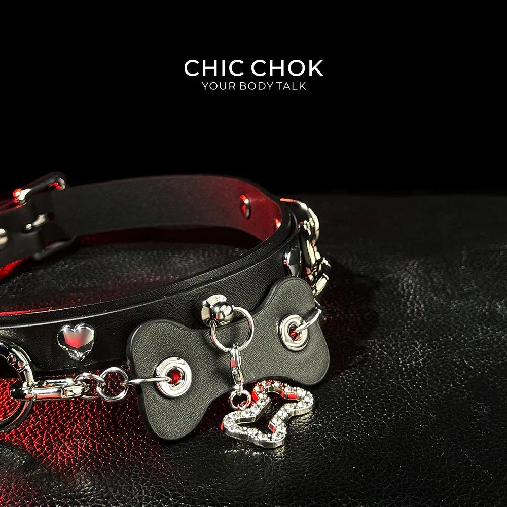 CHICCHOK [Puppy Love] Fashion Cute and Lovely Style, Shiny Bone Shape Pendant Daily Wear Leather Necklace Choker slipchaincollarwomen - CHICCHOK - Choker