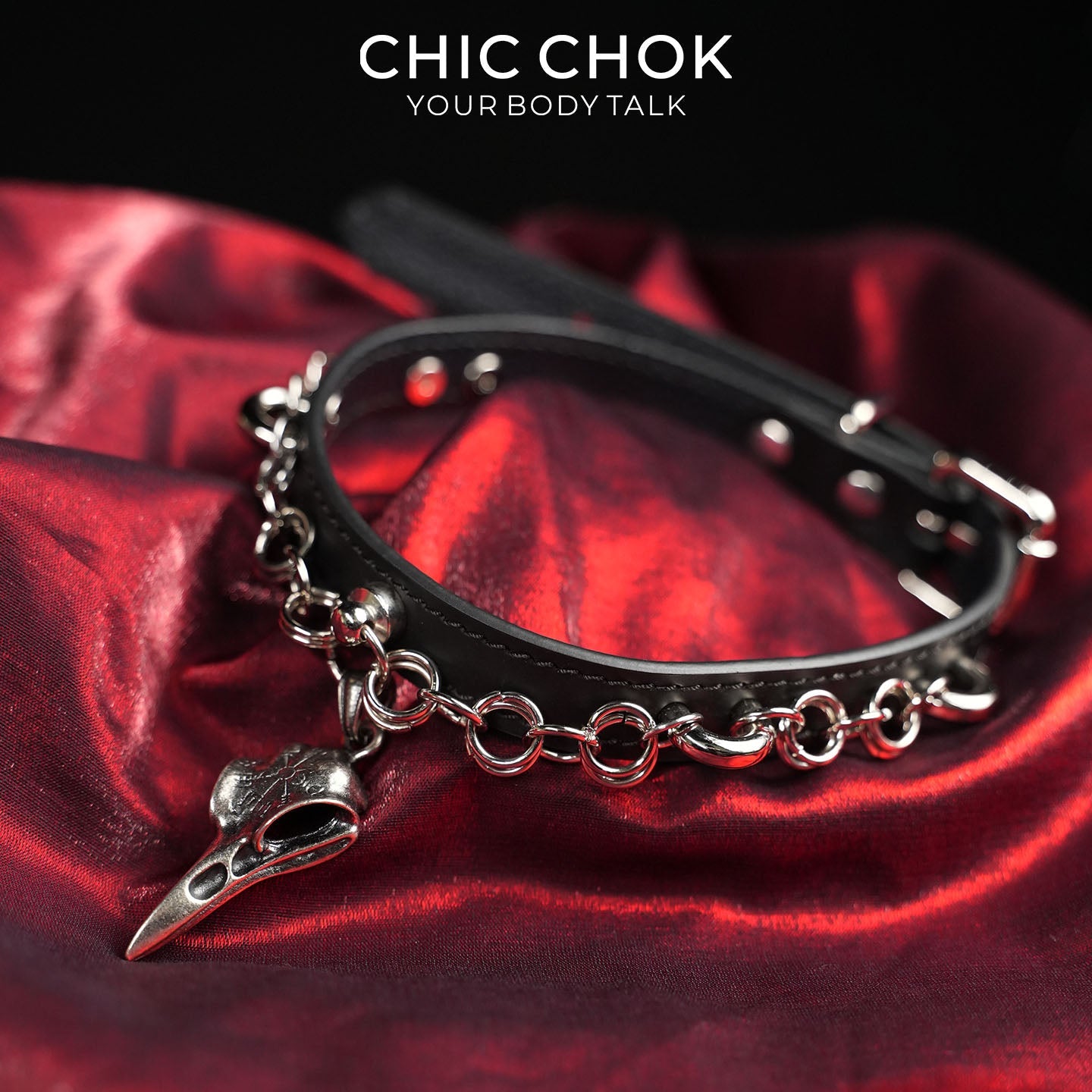 CHICCHOK Raven Messenger | Gothic-Style Raven Skull Collar | Matte Black Leather Collar