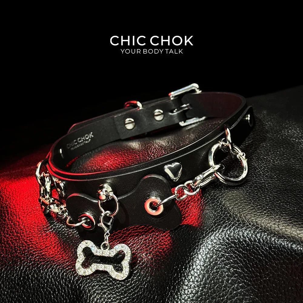 CHICCHOK [Puppy Love] Fashion Cute and Lovely Style, Shiny Bone Shape Pendant Daily Wear Leather Necklace Choker slipchaincollarwomen - CHICCHOK - Choker