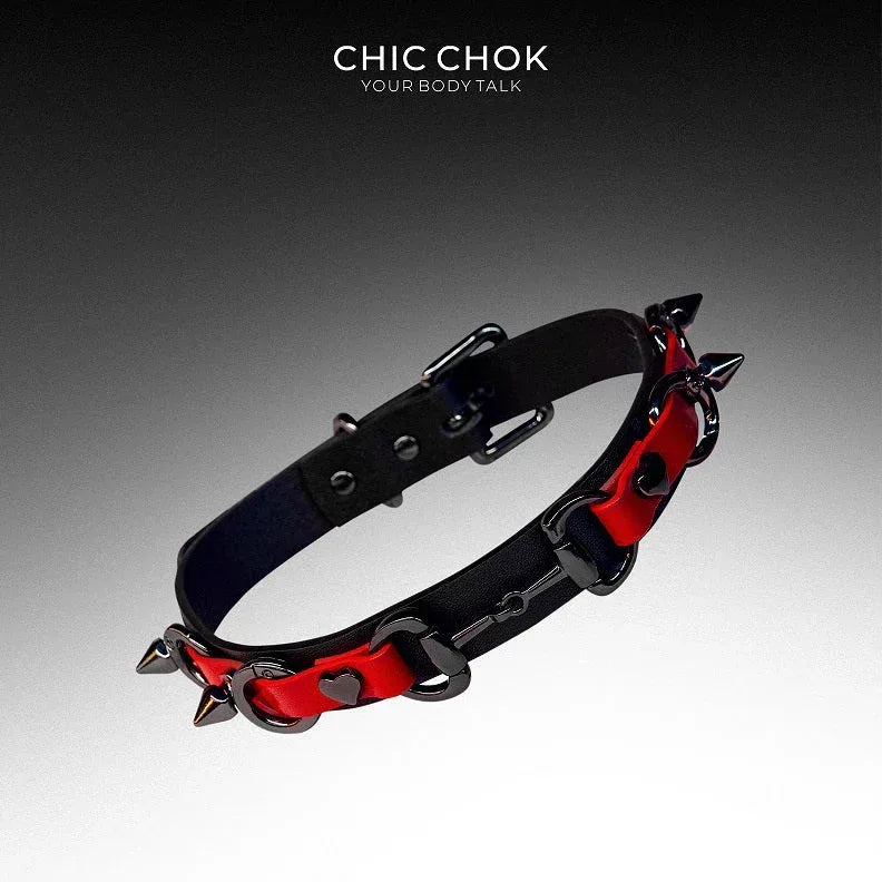 CHICCHOK [Mysterious Queen] Red&Black Spikes Stylish Leather Choker - CHICCHOK - Choker