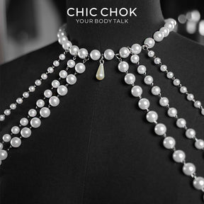 CHICCHOK Luminous Pearl Cape | Layered Shoulder Body Chain | Gothic Pearl Harness