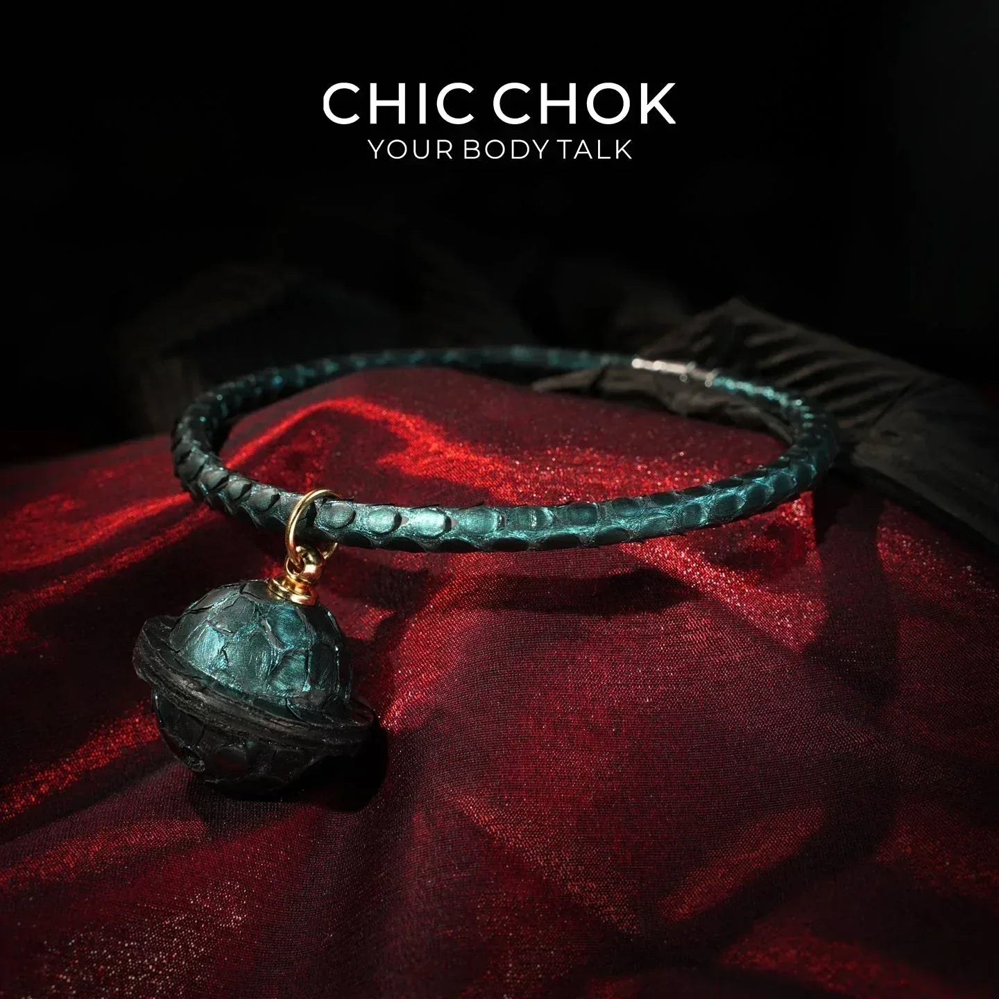 CHIC CHOK The Orchid’s Gaze Teal Snake-Texture Collar with Silent Bell Pendant - CHICCHOK - Choker, collar - Choker