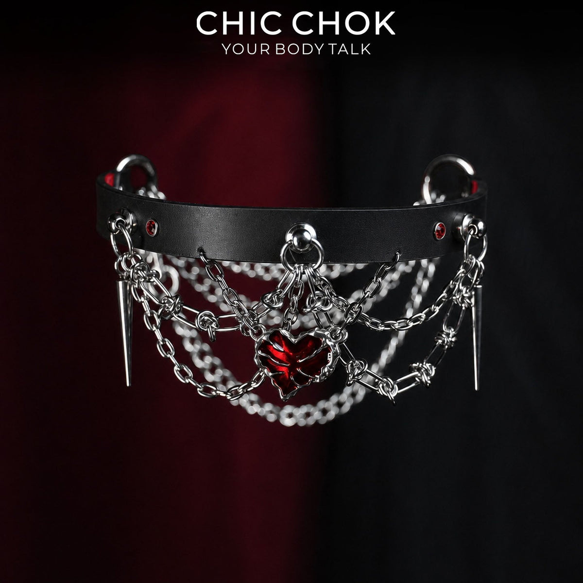 CHICCHOK Bloodbound Stigmata Leather Choker | Gothic Translucent Red Heart Collar | Heavy Punk Cyber Techwear Fringe Jewelry