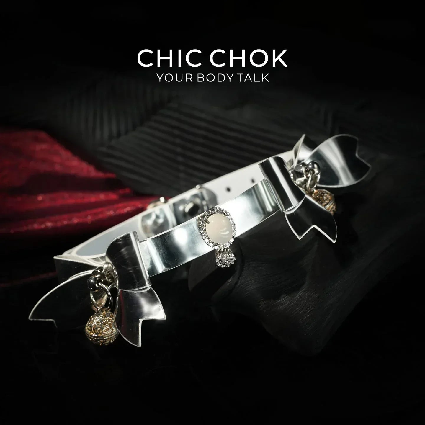 CHIC CHOK Silver Shell Butterfly Chrome Bow & Pearl-Soft Leather Collar Necklace - CHICCHOK - Choker
