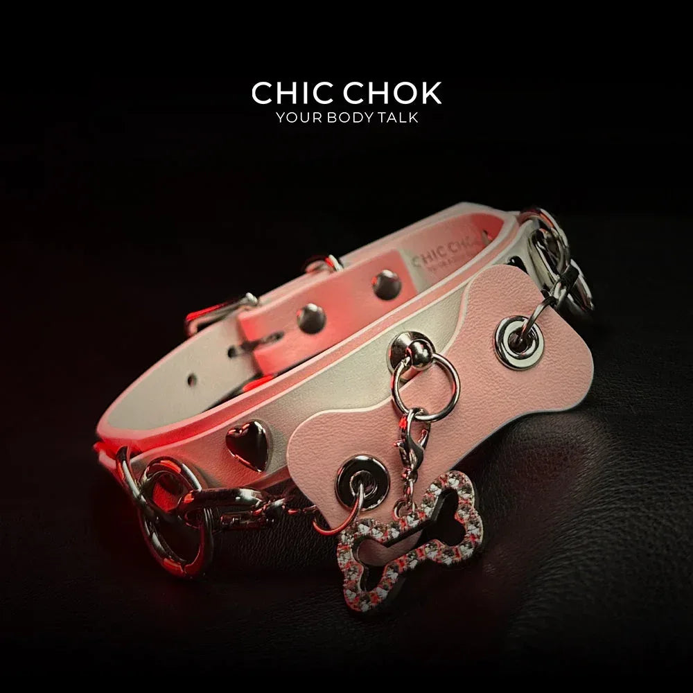CHICCHOK [Puppy Love] Fashion Cute and Lovely Style, Shiny Bone Shape Pendant Daily Wear Leather Necklace Choker slipchaincollarwomen - CHICCHOK - Choker