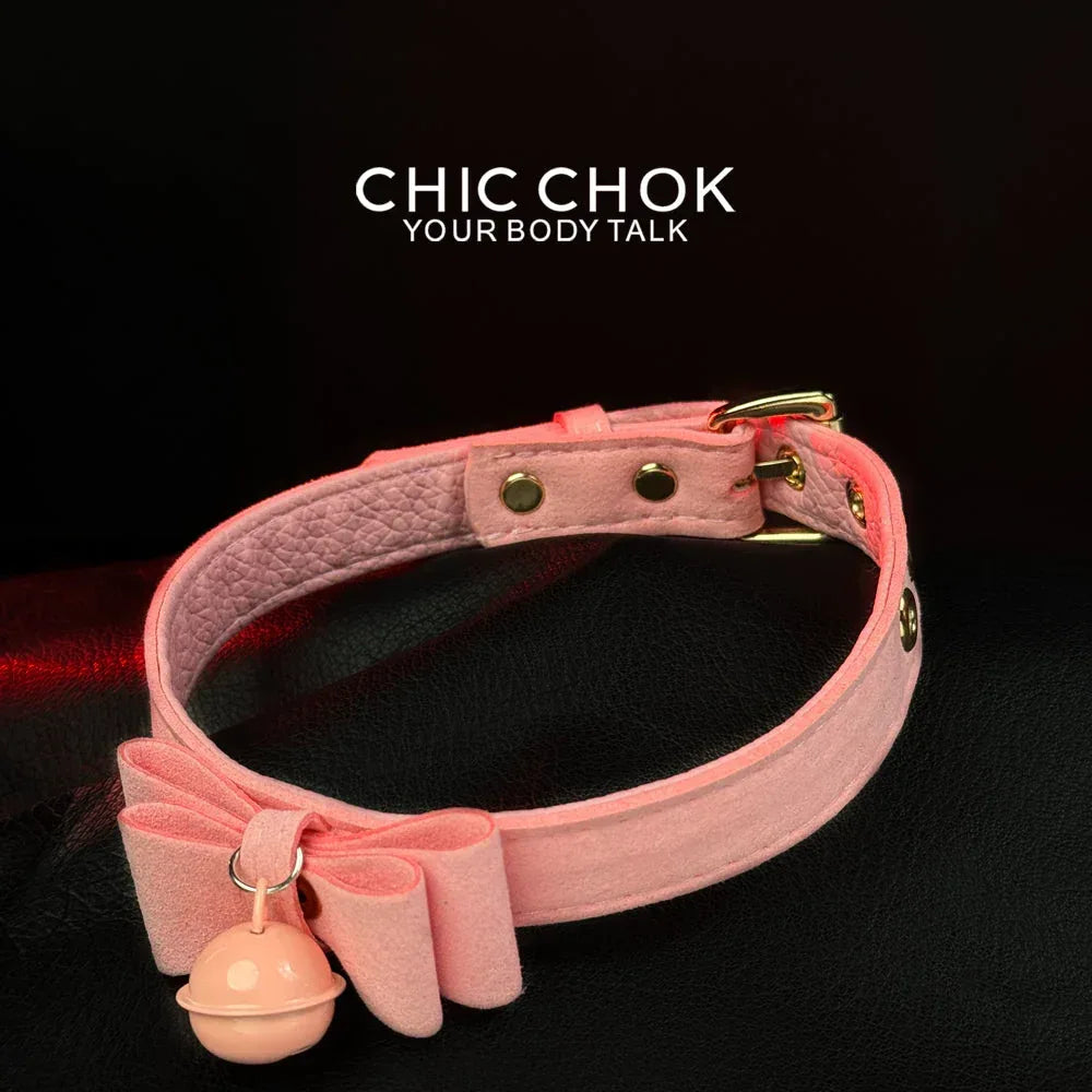 CHICCHOK[ Miss Belle ] Fashion Cute and Lovely Style, Bow Tie with Bell Daily Wear Leather Necklace Choker slipchaincollarwomen Bow Pendant Necklace bow pendant necklace - CHICCHOK - Choker