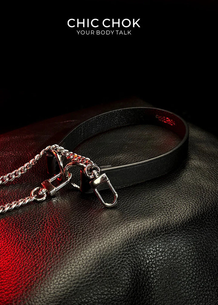CHICCHOK [Breathless] Fashion Black with Thick Chains, Movable Pulling Chain Daily Wear Leather Necklace Choker versatile wear(Removable chain) - CHICCHOK - Choker, collar - Choker
