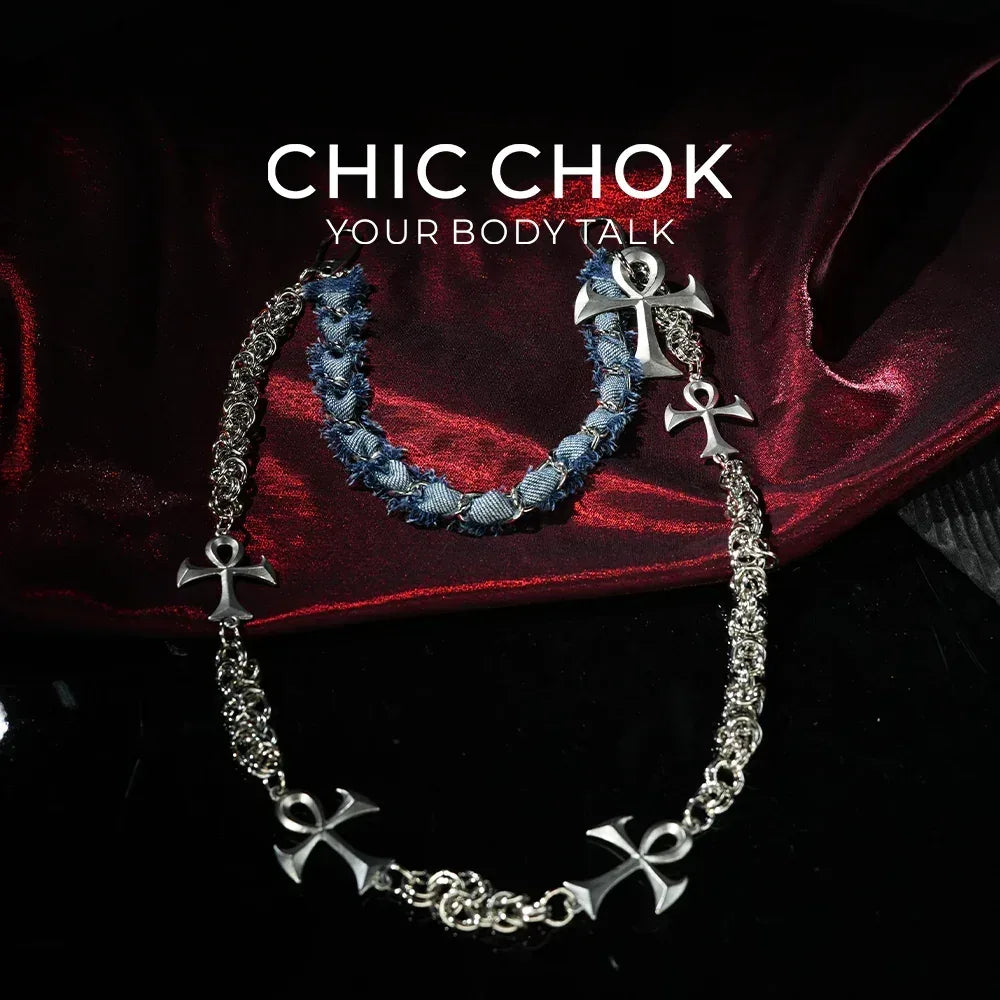 [Eternal Rebellion] Ankh Cross Old Denim Double-Layer Trouser Chain - CHICCHOK - 